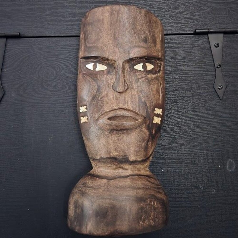 Standing Carved Wood African Tribal Mask with Mother of Pearl Inlay, 11 inches